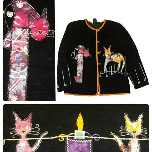 Vintage Sweaters - Vintage DK Daniel K Black + Orange Cat Creations Black Embellished Cardigan